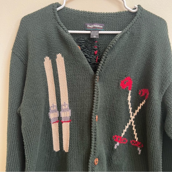 80s EARLY WINTERS Heavy Cotton Ski Poles Boot Knit Cardigan Sweater Green size M - Picture 2 of 5